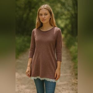 Rose Knit Tunic Cream Lace Hem Soft Romantic XL L/S Cottagecore Coquette